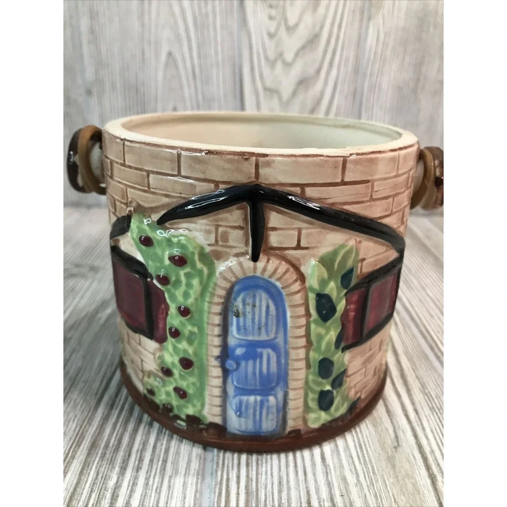VTG Ceramic Cottage House Cookie Jar Biscuit Barrel Wicker Handle Hand Painted